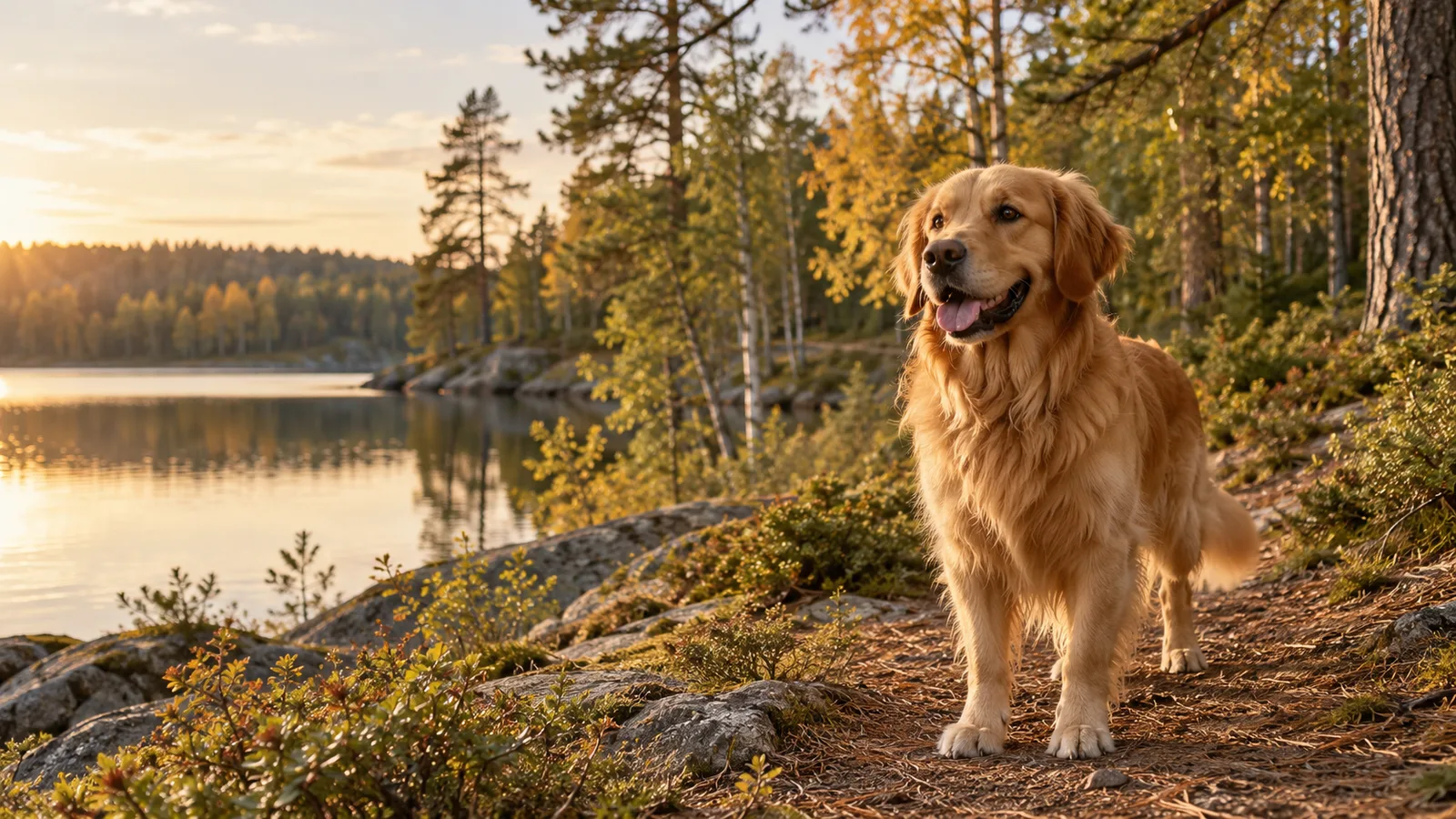 Golden retriever vid en skogssjö i varmt höstljus